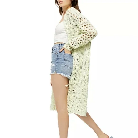 NEW FREE PEOPLE Sweet Talker Long Crochet Cardigan SWEATER SIZE XS HONEYDEW - Picture 2 of 5